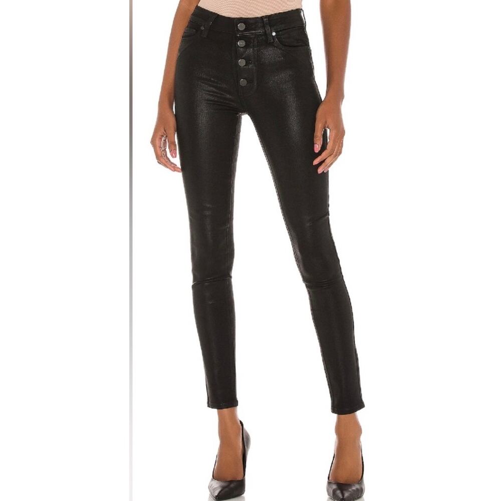 PAIGE Hoxton Ultra Skinny exposed button fly Jeans in Black Fog-Coated Size 28